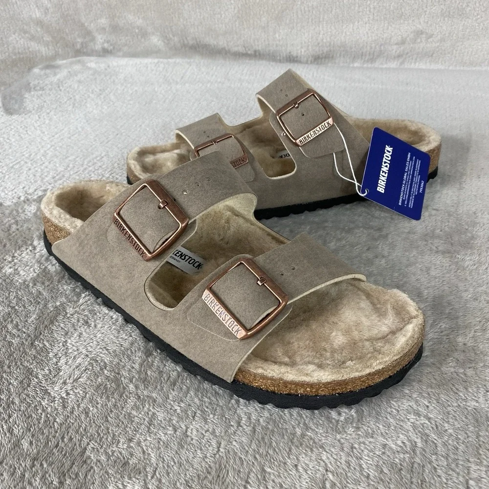 Birkenstock Arizona Shearling Sandals Womens US 10 EU 41 Grey Taupe Narrow NEW